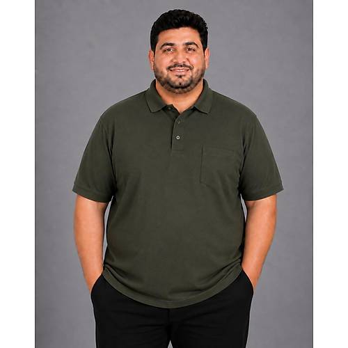 Battal Beden Erkek Tshirt Polo Yaka Cepli Klasik Pike 20552 Haki