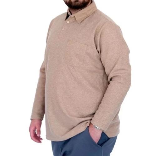 B�y�k Beden Erkek SweatshirtPolo Yaka Uzun Kol WAFFLE 23449 Bej