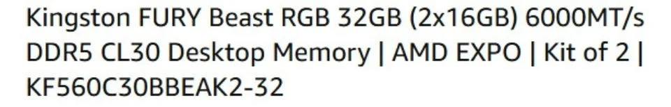 Kingston FURY Beast DDR5 RGB 32GB 6000MT/s bellek