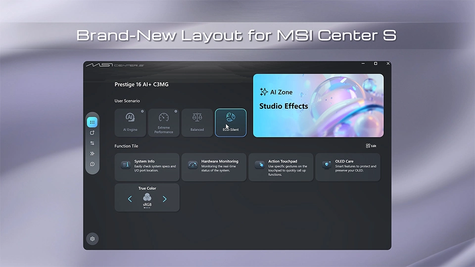 The redesigned MSI Center S provides a centralized hub for performance control, AI tools, and system customization.