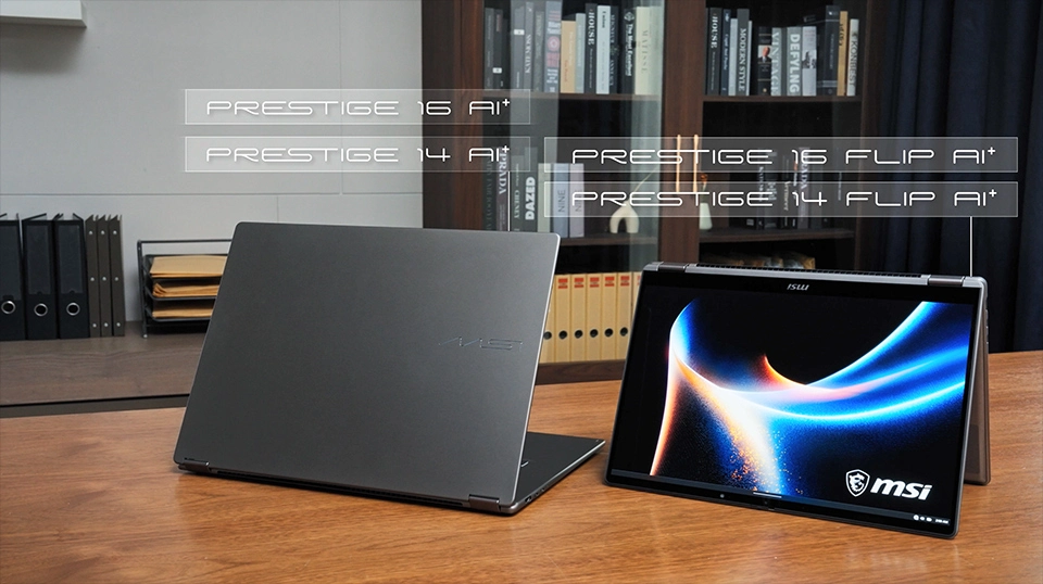 Prestige is available in both 14-inch and 16-inch models, with Platinum Gray across the lineup and Beige Gold for the 16-inch clamshell.