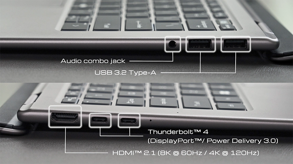 Despite its ultra-thin design, Prestige keeps a full set of essential ports for professional workflows.