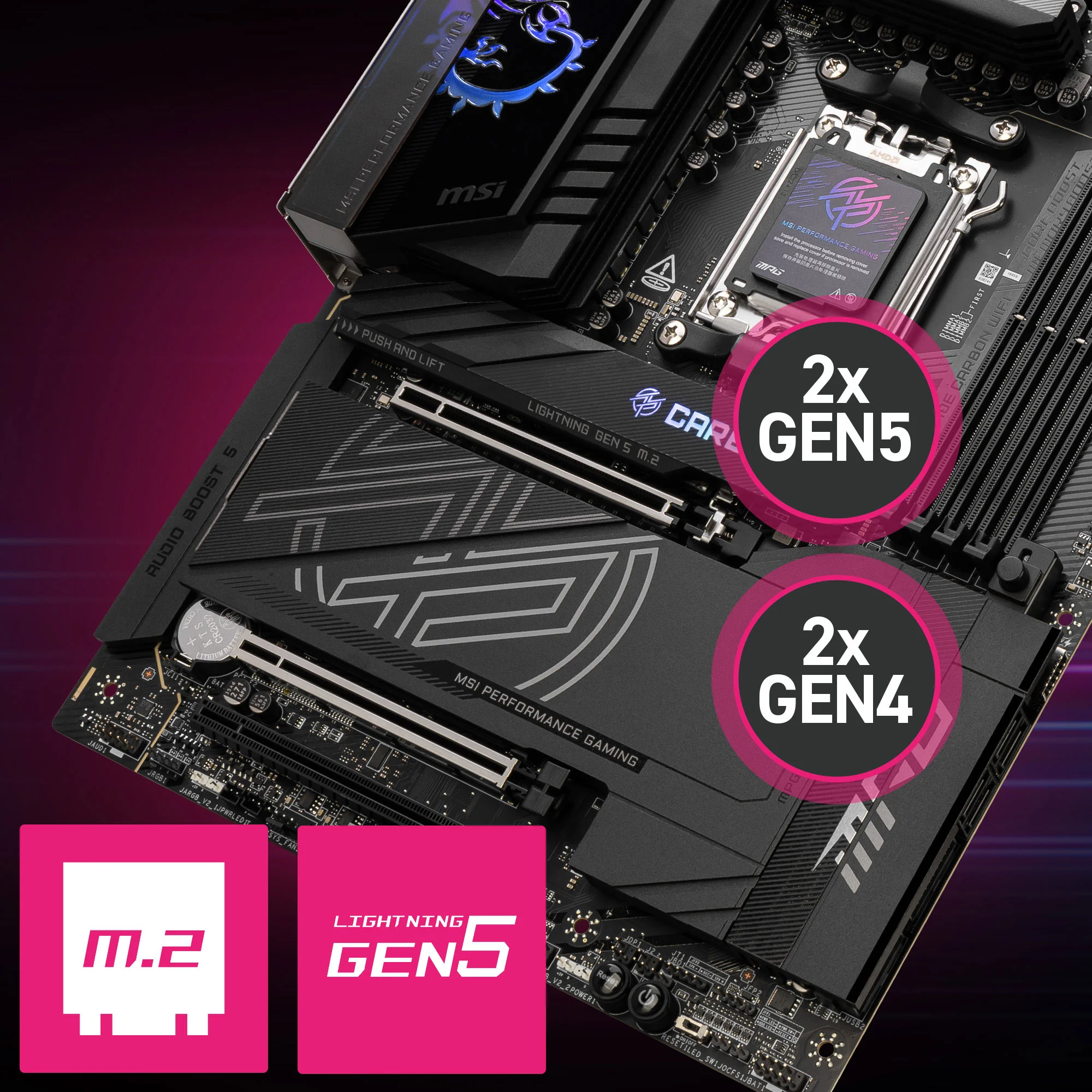 Document Gen5 M.2 Konnekt�r� MPG X870E CARBON WIFI anakart, MSI'�n M.2 slotlar� ile gelir