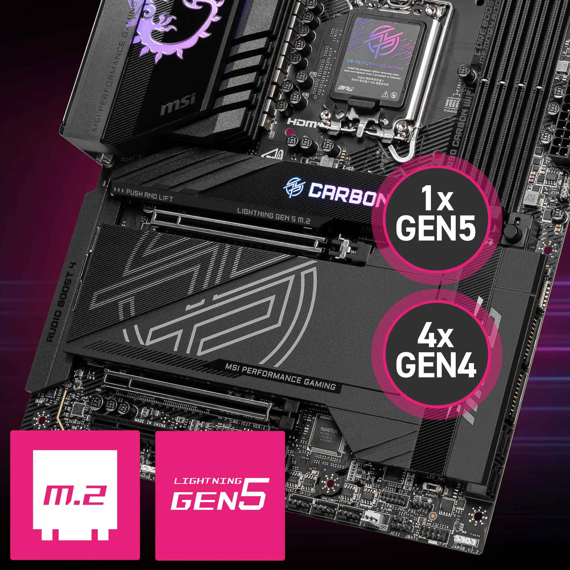 Document Gen5 M.2 Konnekt�r� MPG Z890 CARBON WIFI anakart MSI'�n en yeni M.2 slotlar� ile