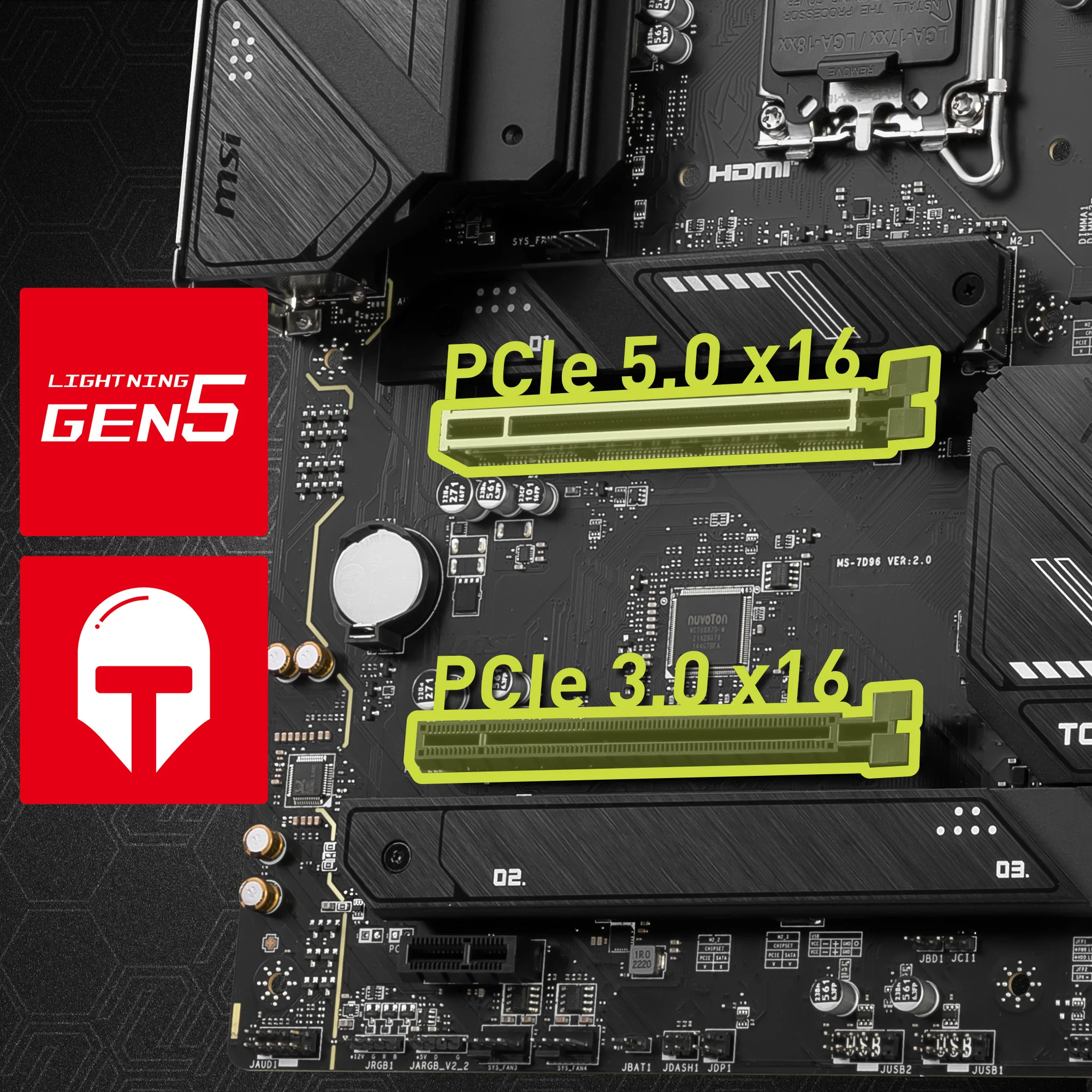 Document G��LEND�R�LM�� PCI-e 5.0 x16 MSI PCI Express Steel Armor slots are secured to th