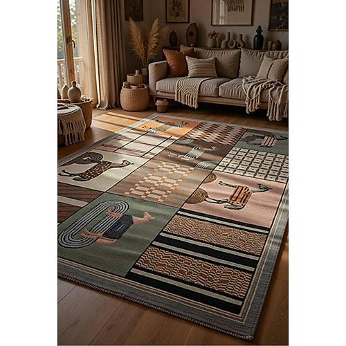 Drom Pamuk Dokuma Taban Makinede Y�kanabilen At Motifli Geometrik Patchwork Hal�