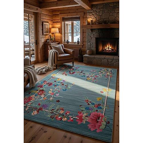 Drom Pamuk Dokuma Taban Makinede Y�kanabilen Kilim Kaymaz ��nil Renkli Floral Hal�
