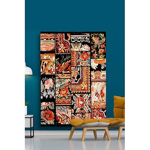 Hal�max Drom Kaymaz Tabanl� Y�kanabilir Siyah Patchwork Desenli Hal�