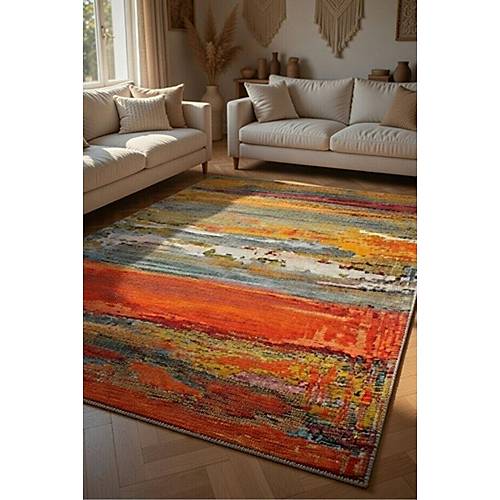 Drom Pamuk Dokuma Taban Makinede Y�kanabilen Kilim Kaymaz ��nil Turuncu Salon Hal�s�