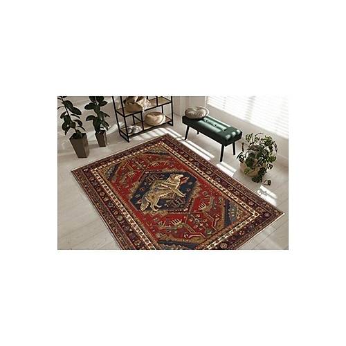 Dekoratif Kurt Desenli K�rm�z� Antik Desenli Kurt Detayl� Kaymaz Taban Kilim Modern Duvar Hal�s�