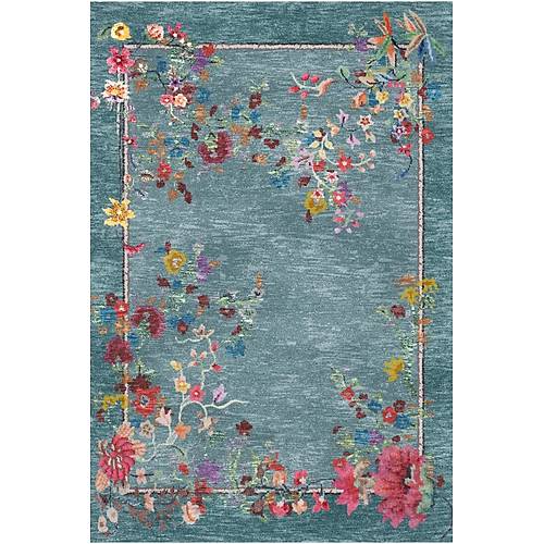 Drom Pamuk Dokuma Taban Makinede Y�kanabilen Kilim Kaymaz ��nil Renkli Floral Hal�