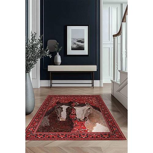 Hal�max Drom Kaymaz Tabanl� Y�kanabilir K�rm�z� At Desenli Vintage ��nil Dekoratif Salon Hal�s�