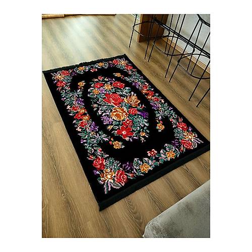 Drom Kaymaz Tabanl� Y�kanabilir Siyah Karaba� �i�ekli Modern Hal�