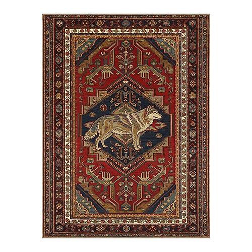 Dekoratif Kurt Desenli K�rm�z� Antik Desenli Kurt Detayl� Kaymaz Taban Kilim Modern Duvar Hal�s�