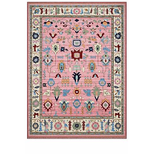 Hal�max Drom Pamuk Dokuma Taban Makinede Y�kanabilen Kilim Kaymaz ��nil Pembe Otantik Etnik Desenli Hal�
