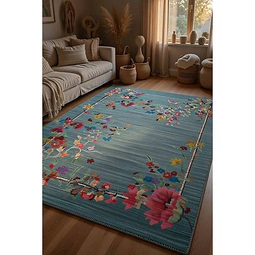 Drom Pamuk Dokuma Taban Makinede Y�kanabilen Kilim Kaymaz ��nil Renkli Floral Hal�
