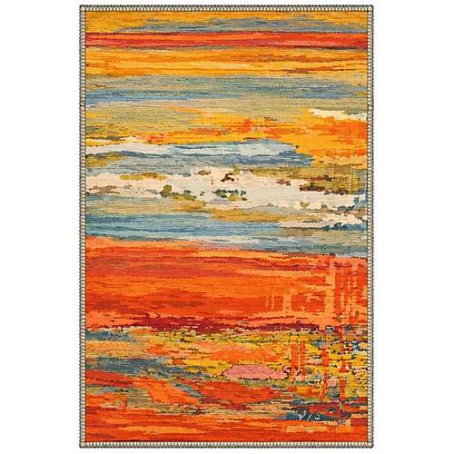 Drom Pamuk Dokuma Taban Makinede Y�kanabilen Kilim Kaymaz ��nil Turuncu Salon Hal�s�