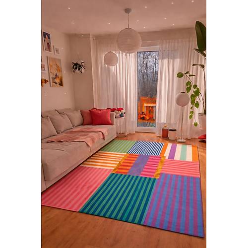 Dopamin �ok Renkli Modern �izgiler Kreatif Dokuma Taban Dekoratif Hal� Multy Modern Hal�