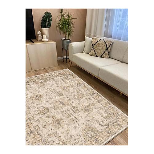 Hal�max Drom Kaymaz Tabanl� Y�kanabilir Vintage G�r�n�ml� Bej Motifli Etnik Salon ve Mutfak Hal�s�