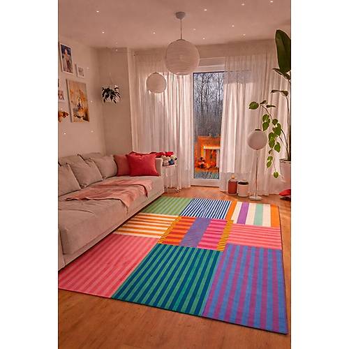 Dopamin �ok Renkli Modern �izgiler Kreatif Dokuma Taban Dekoratif Hal� Multy Modern Hal�