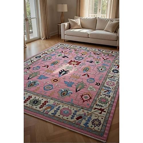 Hal�max Drom Pamuk Dokuma Taban Makinede Y�kanabilen Kilim Kaymaz ��nil Pembe Otantik Etnik Desenli Hal�