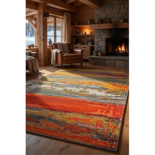 Drom Pamuk Dokuma Taban Makinede Y�kanabilen Kilim Kaymaz ��nil Turuncu Salon Hal�s�