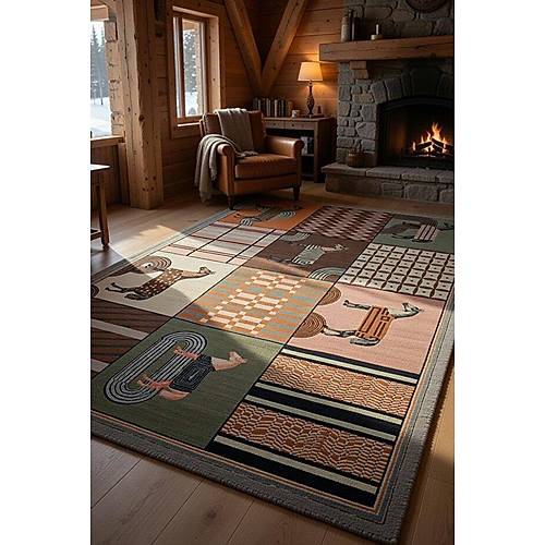 Drom Pamuk Dokuma Taban Makinede Y�kanabilen At Motifli Geometrik Patchwork Hal�