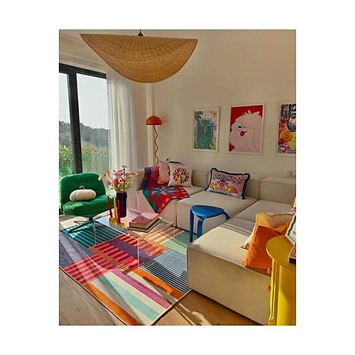 Dopamin �ok Renkli Modern �izgiler Kreatif Dokuma Taban Dekoratif Hal� Multy Modern Hal�