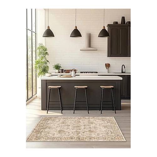Hal�max Drom Kaymaz Tabanl� Y�kanabilir Vintage G�r�n�ml� Bej Motifli Etnik Salon ve Mutfak Hal�s�