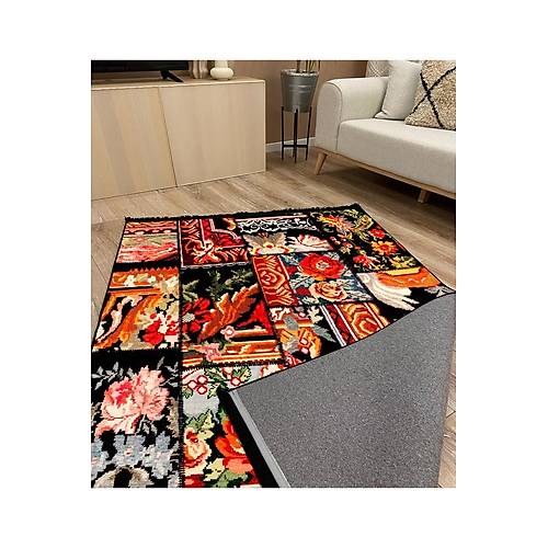 Hal�max Drom Kaymaz Tabanl� Y�kanabilir Siyah Patchwork Desenli Hal�