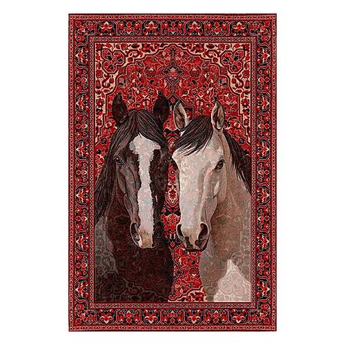 Hal�max Drom Kaymaz Tabanl� Y�kanabilir K�rm�z� At Desenli Vintage ��nil Dekoratif Salon Hal�s�
