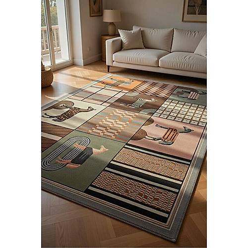 Drom Pamuk Dokuma Taban Makinede Y�kanabilen At Motifli Geometrik Patchwork Hal�