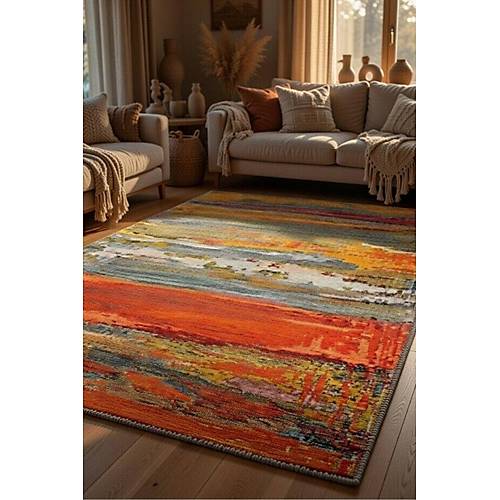 Drom Pamuk Dokuma Taban Makinede Y�kanabilen Kilim Kaymaz ��nil Turuncu Salon Hal�s�