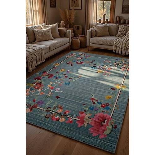 Drom Pamuk Dokuma Taban Makinede Y�kanabilen Kilim Kaymaz ��nil Renkli Floral Hal�