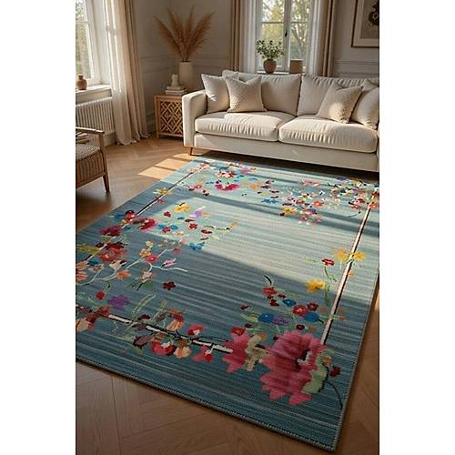 Drom Pamuk Dokuma Taban Makinede Y�kanabilen Kilim Kaymaz ��nil Renkli Floral Hal�