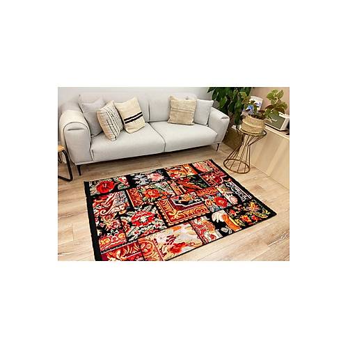 Hal�max Drom Kaymaz Tabanl� Y�kanabilir Siyah Patchwork Desenli Hal�