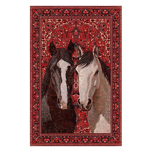 Hal�max Drom Kaymaz Tabanl� Y�kanabilir K�rm�z� At Desenli Vintage ��nil Dekoratif Salon Hal�s�