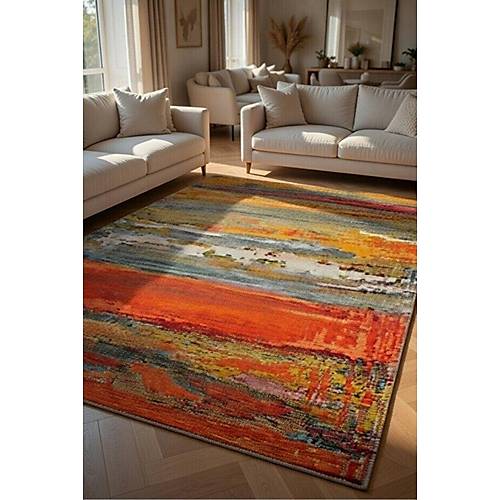 Drom Pamuk Dokuma Taban Makinede Y�kanabilen Kilim Kaymaz ��nil Turuncu Salon Hal�s�