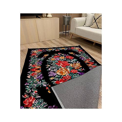 Drom Kaymaz Tabanl� Y�kanabilir Siyah Karaba� �i�ekli Modern Hal�