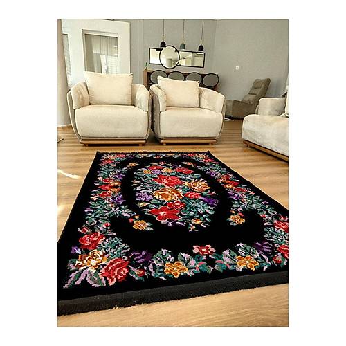 Drom Kaymaz Tabanl� Y�kanabilir Siyah Karaba� �i�ekli Modern Hal�