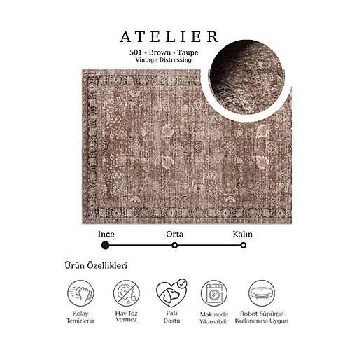 Atelier 501 Brown Taupe Eskitme Vintage Hal� Etnik Otantik Y�kanabilir Salon Hal�s�