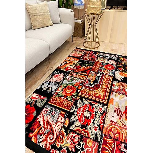 Hal�max Drom Kaymaz Tabanl� Y�kanabilir Siyah Patchwork Desenli Hal�