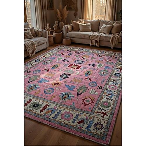 Hal�max Drom Pamuk Dokuma Taban Makinede Y�kanabilen Kilim Kaymaz ��nil Pembe Otantik Etnik Desenli Hal�