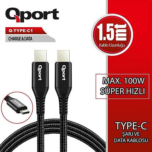 QPORT Q-TYPE-C1 1.5 METRE TYPE-C 100W PD �ARJ VE DATA KABLOSU