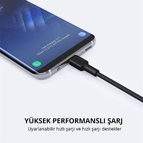AUKEY CB-CD30-BK NAYLON �RG�L� USB-A TYPE-C �ARJ KABLOSU 0.9MT
