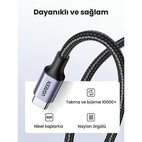UGREEN USB-C 60W 3A QC PD �RG�L� HIZLI �ARJ KABLOSU 1 MT S�YAH 50150