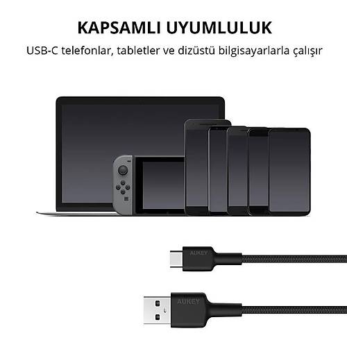 AUKEY CB-CD30-BK NAYLON �RG�L� USB-A TYPE-C �ARJ KABLOSU 0.9MT