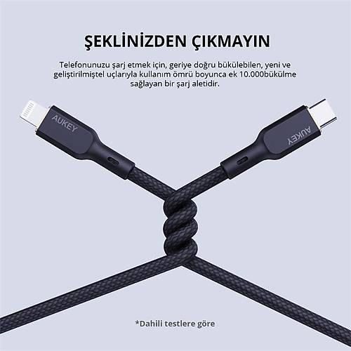 AUKEY CB-NCL1-BK NAYLON �RG�L� 3A 480MBPS TYPE-C LIGHTNING KABLOSU 1.8MT