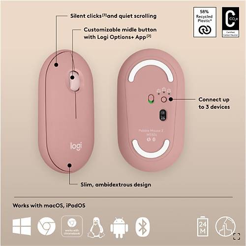 LOGITECH PEBBLE 2 M350S KABLOSUZ BLUETOOTH SESS�Z OPT�K MOUSE PEMBE 910-007014