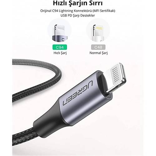 UGREEN TYPE-C TO LIGHTNING 3A PD MF� SERT�F�KALI �RG�L� HIZLI �ARJ KABLOSU 1 MT S�YAH 60759